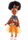 Poupée noire aux cheveux afro crépus. Bontle mesure 32cm. Robe Wax et Organza Orange.