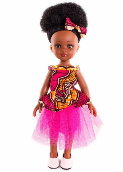 Poupée noire aux cheveux afro crépus. Bontle mesure 32cm. Robe Wax et Organza Rose.