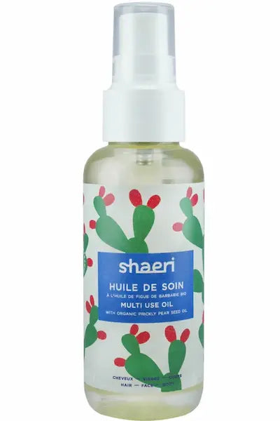 Shaeri Huile de Soin multi-usages. 5 huiles complémentaires (huile de pépins de figue de barbarie, huile d’avocat, huile de jojoba, huile de camélia, huile d’amande douce). Un soin complet revitalisant et hydratant, à plus de 99% d’origine naturelle.