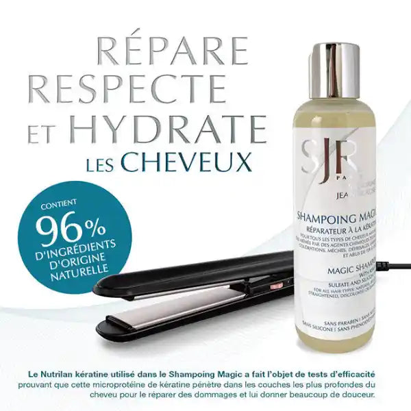 SJR Paris Shampoing Magic à la Keratine sans sulfate pour les cheveux naturels ou abîmés par des agents chimiques tels que colorations, mèches, défrisages, lissages et abus de fer à lisser.