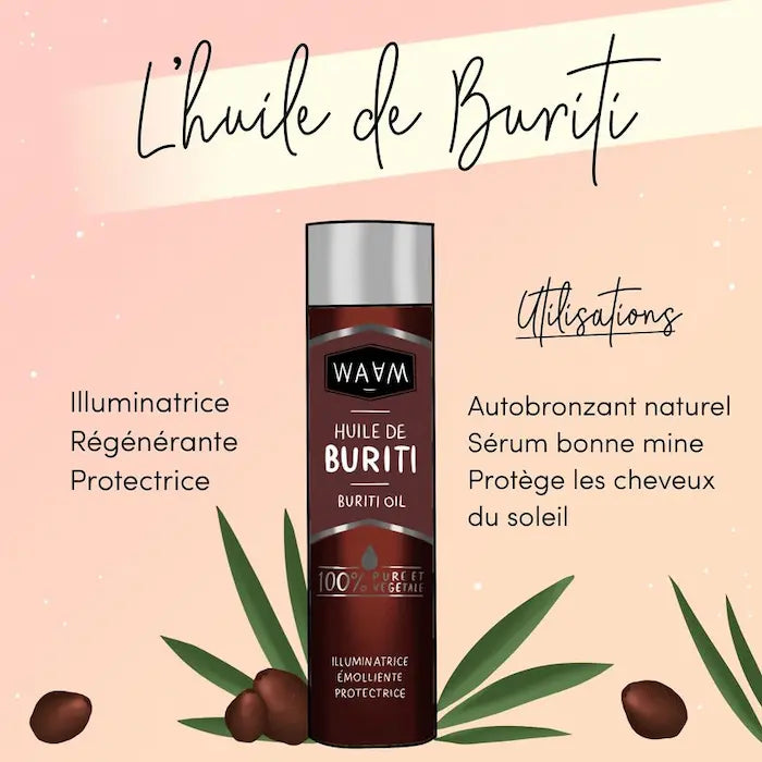 En huile de soin capillaire ou, en huile bronzante, l'huile de buriti redonne de l'éclat à la peau et aux cheveux.